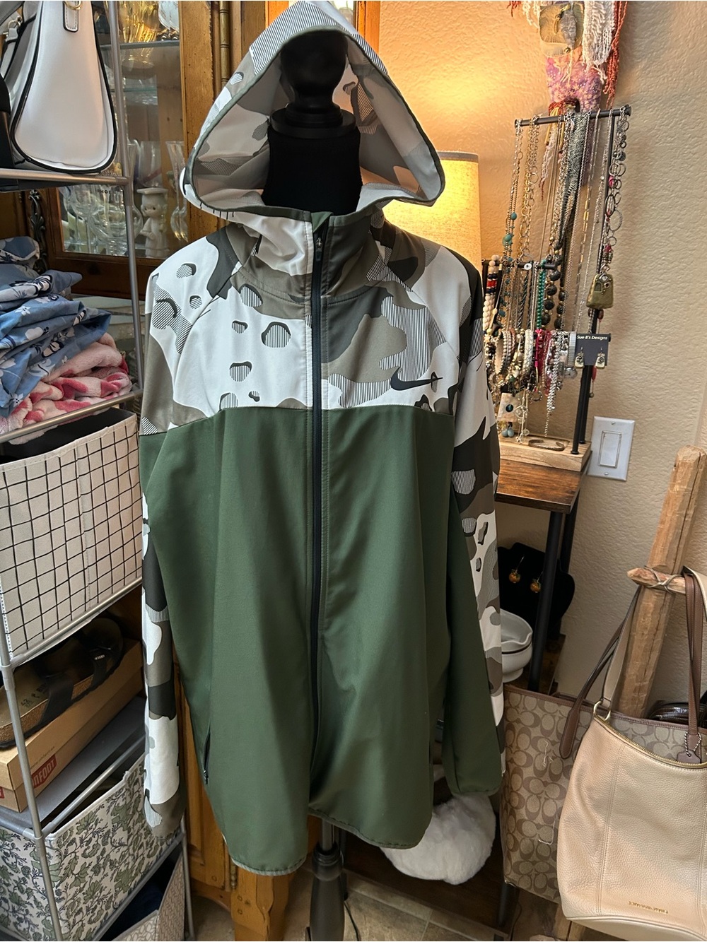 Nike Olive Green and White Camo Hooded Windbreaker